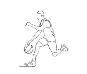 Fototapeta na wymiar Continuous line drawing of basketball player in action. Basketball player ribbling ball simple line art with active stroke. Florist concept.