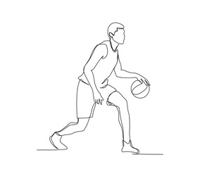 Fototapeta na wymiar Continuous line drawing of basketball player in action. Basketball player ribbling ball simple line art with active stroke. Florist concept.