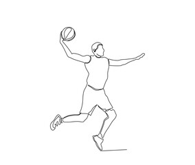 Fototapeta na wymiar Continuous line drawing of basketball player in action. Basketball player trowing ball simple line art with active stroke. Florist concept.