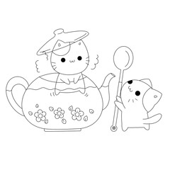 Afternoon tea with cute cat in teapot and spoon 