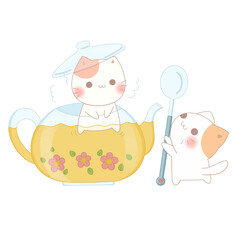 Afternoon tea witoh cute cat in teapot and spoon