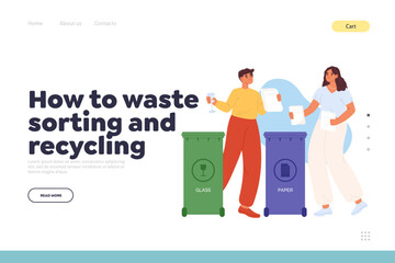 How to waste sorting and recycling concept of landing page with man and woman throw glass and paper