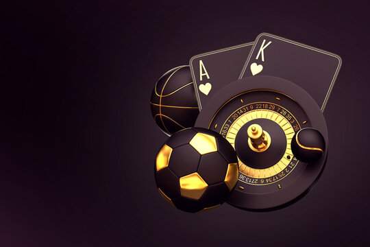 casino betting gambling mix slot machine roulette set card soccer football basketball balls banner 3d render 3d rendering illustration 
