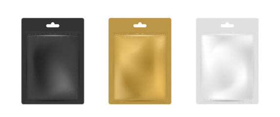 Facial sheet mask sachet package mockup set realistic. Black, golden and silver packs with cosmetics