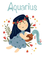 Aquarius astrological sign. Funny Zodiac sign with colorful leaves and stars around. Aquarius perfect for posters, logo, cards. Vector illustration.