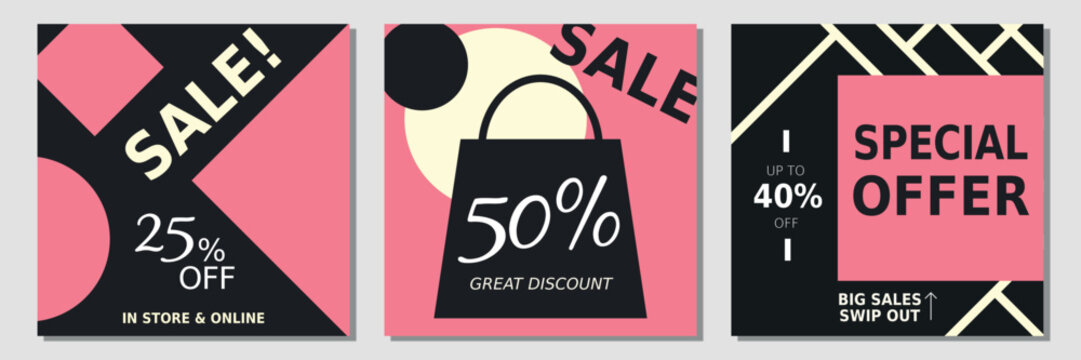 Set of sales and discount square banners for stores and online shopping. Black, white and pink geometric motives, in flat, modern and elegant style. Offer templates for brochure, poster and flyers. 