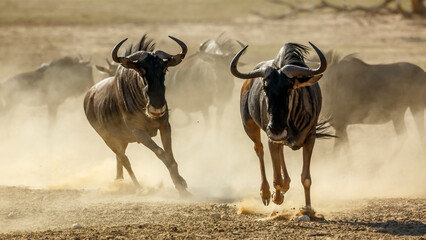 Two Blue wildebeest running front view in sand dry land in Kgalagadi transfrontier park, South Africa ; Specie Connochaetes taurinus family of Bovidae - obrazy, fototapety, plakaty