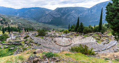 panorama view of the Ancient Thetre of Delphi in the Sanctuary Athena Pronaia