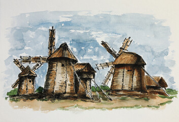 Windmills on a field with a cloudy blue sky. Modern watercolor painting of an old European village