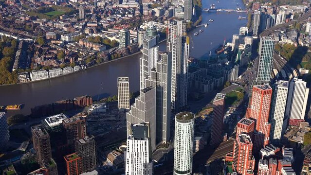 Aerial view of Vauxhall Bridge, MI-6 building and surrounding development of Nine Elms, London, UK.