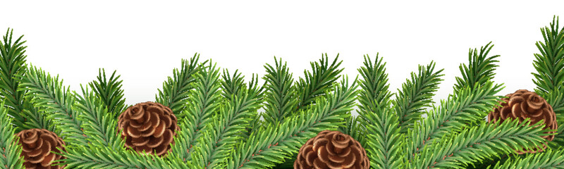 Fototapeta premium Christmas fir tree branch garland with realistic pine cone on white background. Holiday border frame