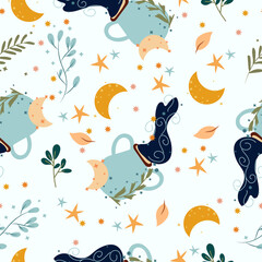 Seamless patterns with Aquarius, colorful leaves and stars. Astrological Aquarius zodiac. Bright astrological pattern can be used as textile, fabric, wallpaper, banner and other. Vector