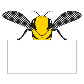 Cartoon illustration of an angry bee isolated on white. Yellow jacket looking at you with a blank text box. Pest control.