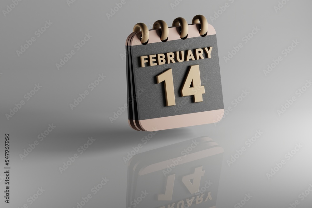 Poster Standing black and golden month lined desk calendar with date February 14. Modern design with golden elements, 3d rendering illustration. White ceramic reflection background...