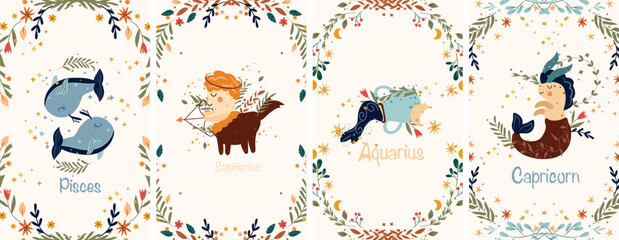 Zodiac Sagittarius, Aquarius, Pisces, Capricorn with leaves, colorful flowers and stars around. Set Astrological zodiac Signs perfect for posters, logo, cards. Vector illustration.
