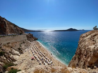 Kaputas Beach view from the shore Aerial panoramic top view of the beach in the gorge Aegean Sea from a bird's eye view Wild beach with azure water 