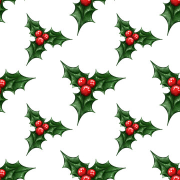 Seamless pattern with drawn Christmas berries. Christmas pattern with red berries for textile, wallpaper, fabric, wrapping paper, for Christmas decor.