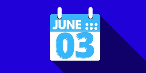 03 june. calendar with the day three of the month of june in blue color and background blue