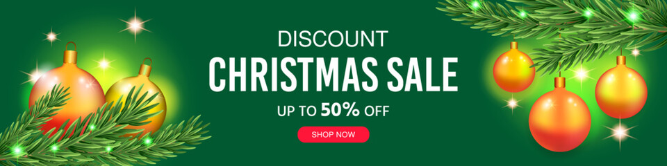 Christmas sale banner discount banner template. Realistic round shape of Christmas decorations and New Year tree. Banner with Christmas tree with toys. New Year banner, vector illustration.