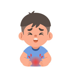 a Asian boy get a stomachache. illustration cartoon character vector design on white background. kid and health care concept.