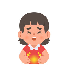 a Asian girl get a stomachache. illustration cartoon character vector design on white background. kid and health care concept.