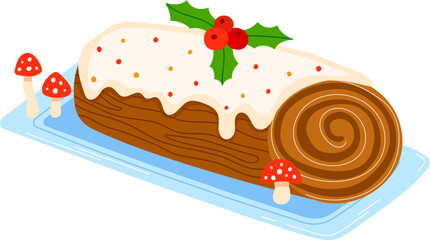Christmas or Birthday celebration gingerbread cake roulette and sweet traditional design cartoon style vector illustration, icon isolated on white.