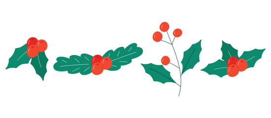 Single hand drawn Holly branch with berries for New Year and Christmas greeting cards, posters, stickers and seasonal design.