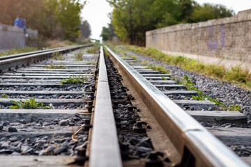 Obraz premium Vista en perspectiva de vías de tren, con bosques al rededor