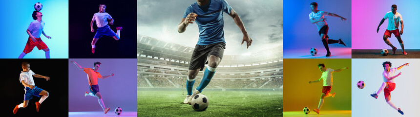 Collage made of images of different professional male sportsmen, soccer football players in action...