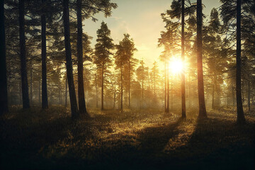 Sunlight in Euopean forest - obrazy, fototapety, plakaty