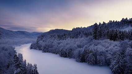 Winter landscape with frozen river and mountains with forest