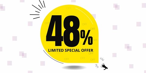 48% off limited special offer. Banner with forty eight percent discount on a yellow round tag