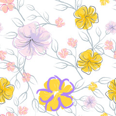 Pink Flowers Blooming Pattern. Pastel Watercolor.