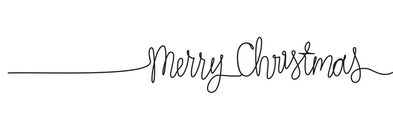 single line handdrawn phrase MERRY CHRISTMAS isolated on white, line art vector illustration - obrazy, fototapety, plakaty