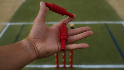 Hand holding bails on the pitch next to stumps.