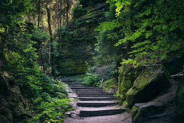 Natural landscape - view of stairs between rocks on a mountain path in Saxon Switzerland, Germany