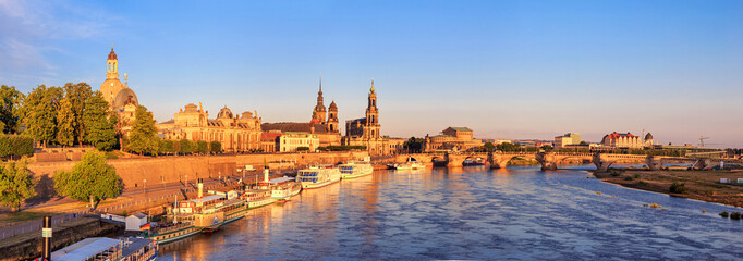 Cityscape, panorama, banner - view of the Bruhl's Terrace is a historic architectural ensemble in Dresden on the banks of the Elbe, Saxony, Germany