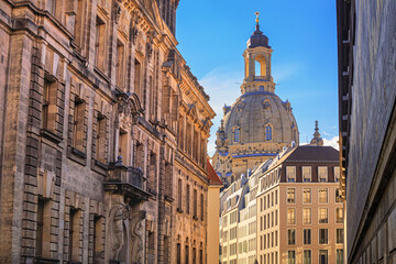 Cityscape - view of the old street of Dresden against the backdrop of the Dresden Frauenkirche, Dresden, Germany