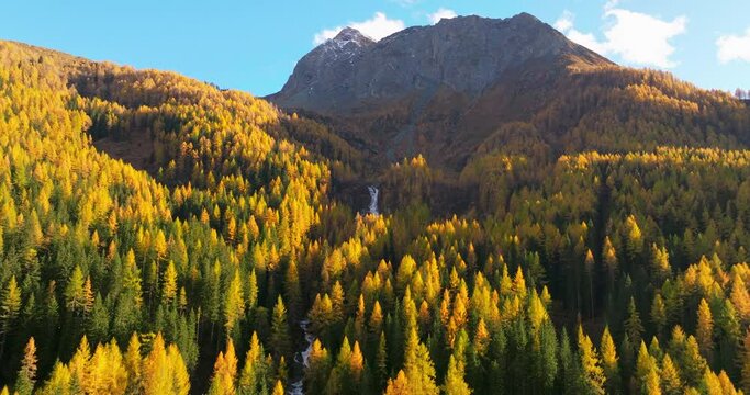 Casere South Tyrol rocky mountain peak surrounded by golden Autumn alpine forest trees