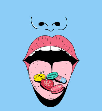 Self love pills metaphor concept with cartoon mouth and various antidepressants and sleeping pills on tongue on blue background for poster or t-shirt print. Vector illustration