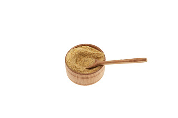 Hulbah powder or Fenugreek flour in wooden bowl on white background, selective focus. Herbal nutritional supplement. Design element, copy space