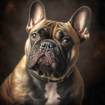Realistic French Bulldog Dog Portrait Illustration, Glamour Pet Photo shot Portrait, 3D render, Close up Pedigreed Dog