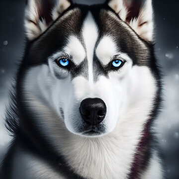 Realistic Siberian Husky Dog Portrait Illustration, Glamour Pet Photo shot Portrait, 3D render, Close up Pedigreed Dog