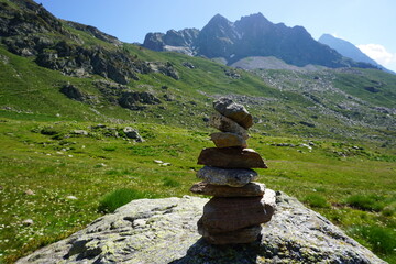 Milestones, stones one on top of the other indicating the way in the Aragonese Pyrenees
