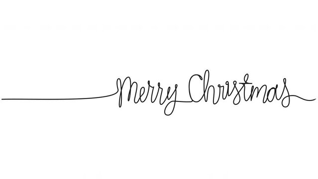 animated single line handdrawn phrase MERRY CHRISTMAS isolated on white, line art animation