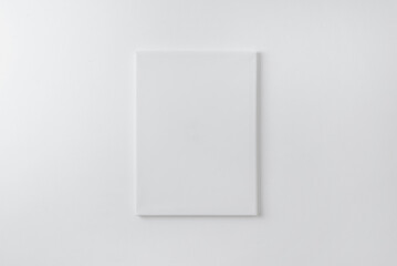 Blank vertical art canvas on wall. Clean surface for mockup, art presentation. Soft light on white wall - obrazy, fototapety, plakaty