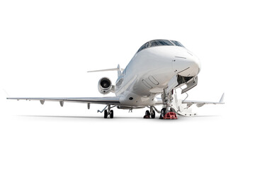White luxury executive airplane with an opened gangway door isolated on transparent background
