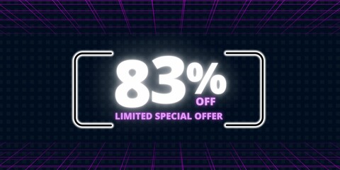 83% off limited special offer. Banner with eighty three percent discount on a  black background with white square and purple