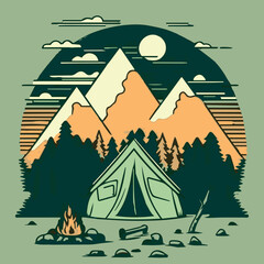 Campsite vector illustration. Tent in nature, outdoor. Cartoon style landscape with trees and mountains. Campfire. Journey in the forest. Picnic in the wild. Vacation trip. Hiking activity. Campground