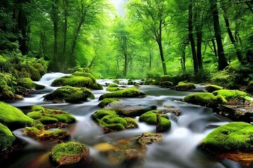 Beautiful 3D Nature and landscape wallpaper of a waterfall in a forest with sun ray - obrazy, fototapety, plakaty